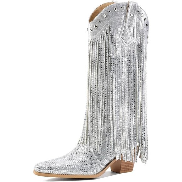 ⚡Women's Rhinestone Fringe Cowgirl Boots Sparkly Western Pointed Toe Mid Calf - Picture 1 of 7
